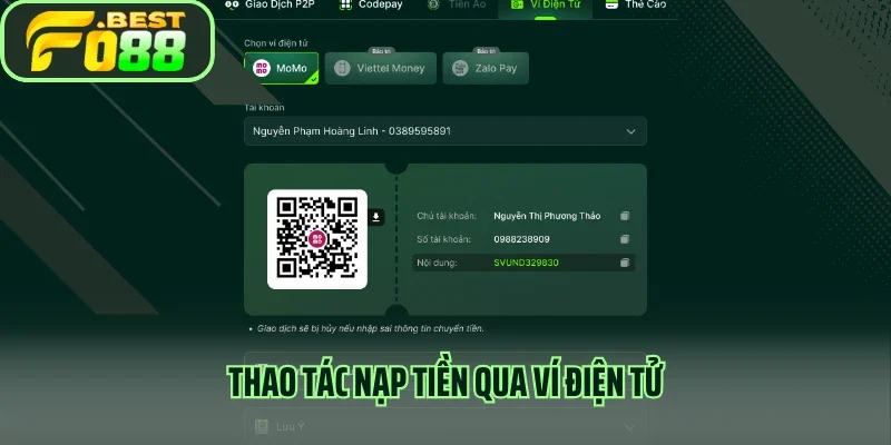 Thao tác nạp tiền qua ví điện tử
